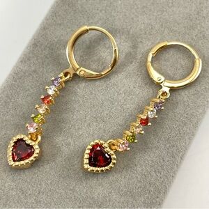 Cute Unsigned Gold Tone Red Pink Purple Rhinestone Heart Hoop Dangle Earrings